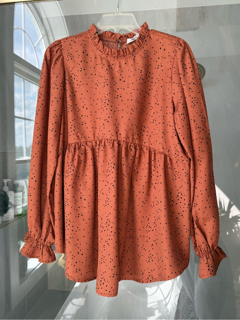 Ruffled High-Neck Peplum Tunic - Rust with Black Speckle